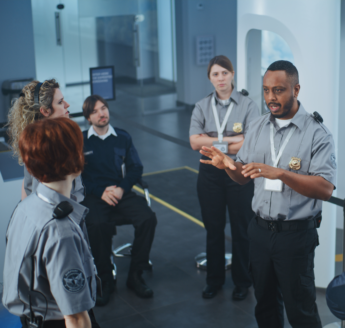 Security team in discussion at workplace.