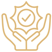 Hands holding a checkmark badge icon.