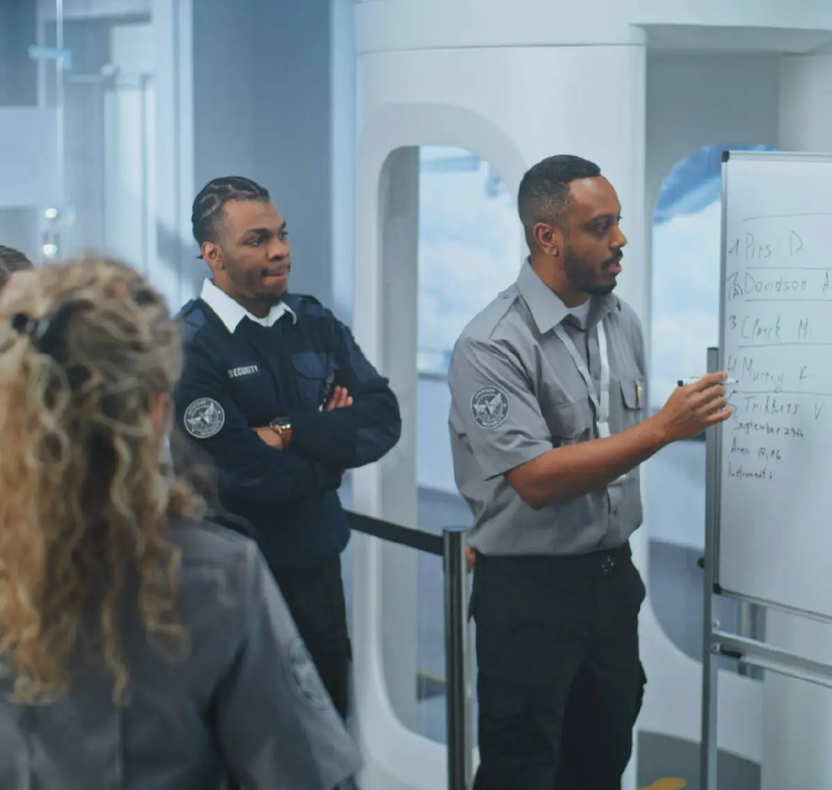 A man presents ideas on a whiteboard to attentive colleagues in a modern office.