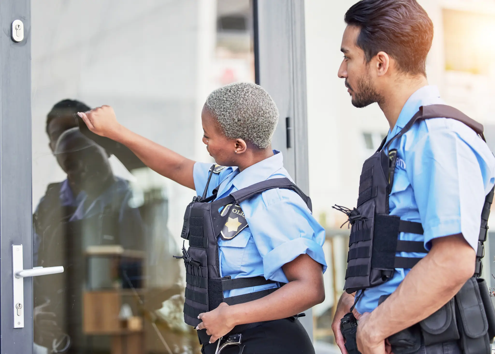 Child and adult in police uniforms pointing at a window.
