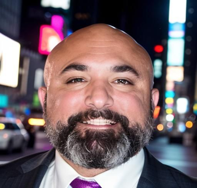 Smiling bald man with a beard in a nighttime city setting.