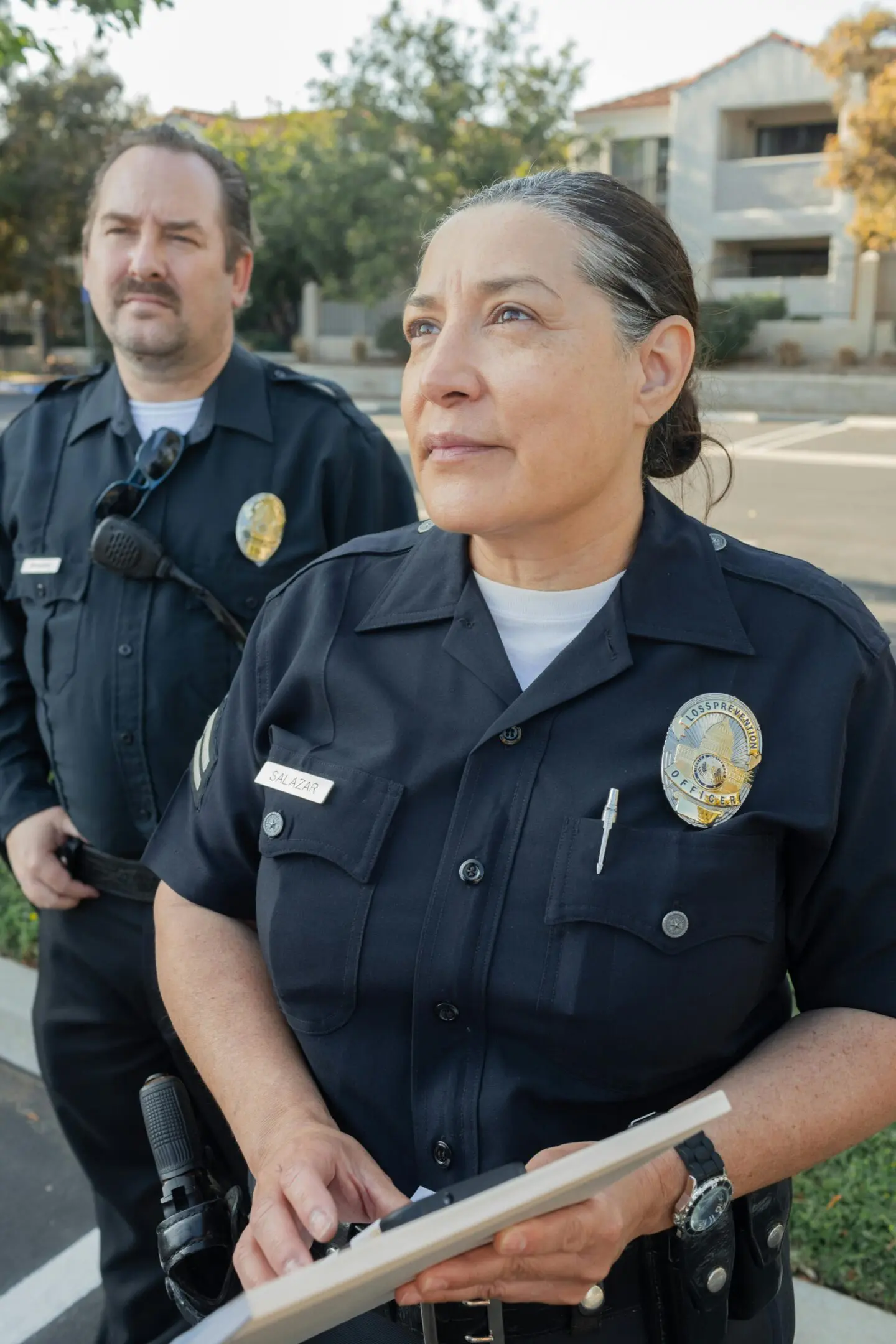 Two police officers standing outside in uniform, appearing attentive.